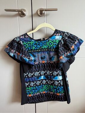 Kenzo H&M Black Multi-Color Patterned Ruffle Shoulder Blouse